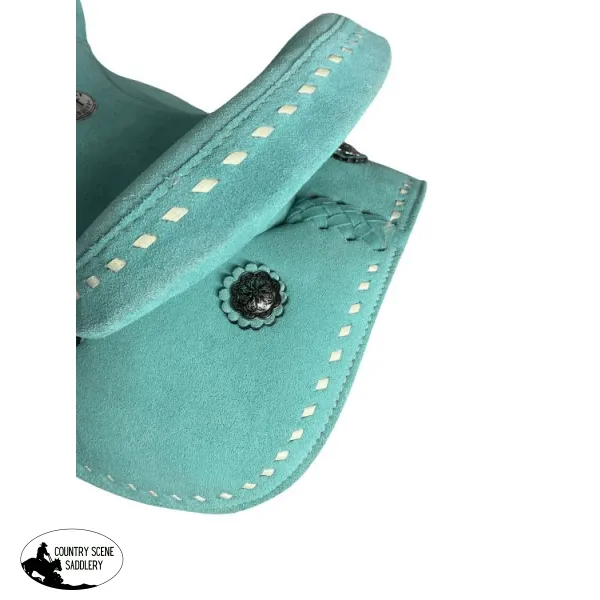 10" Double T Barrel style saddle with Teal Rough out leather