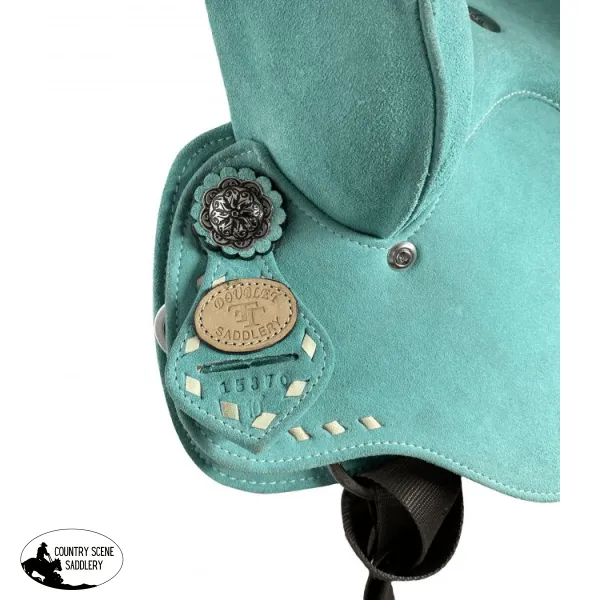 10" Double T Barrel style saddle with Teal Rough out leather