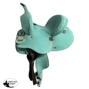 10" Double T Barrel style saddle with Teal Rough out leather