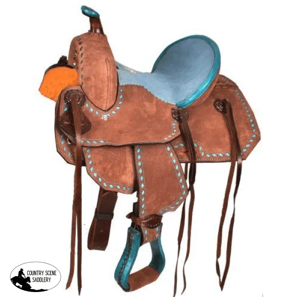 10" Double T  Youth Barrel style saddle with turquoise seat.