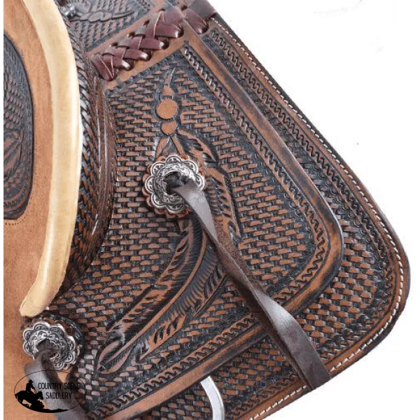 12" Double T  hard seat roper style saddle with basketweave and feather tooling.