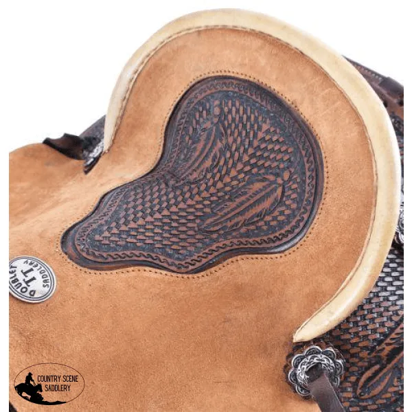 12" Double T  hard seat roper style saddle with basketweave and feather tooling.