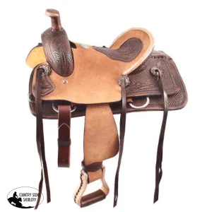 12" Double T  hard seat roper style saddle with basketweave and feather tooling.