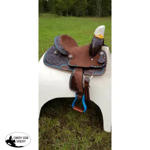 12"Double T  Youth hard seat barrel style saddle with turquoise buckstitch trim ~