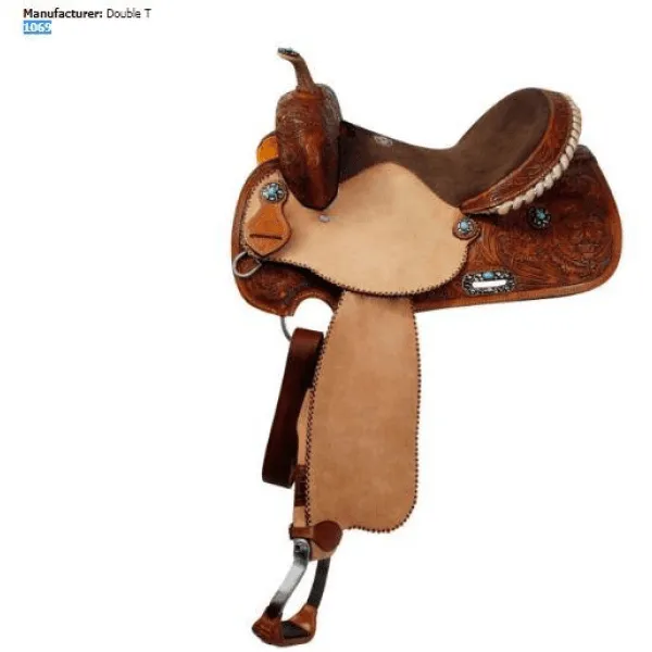 14", 15", 16" Double T barrel saddle with silver laced tan rawhide cantle, dot border on rough out fenders and jockeys.