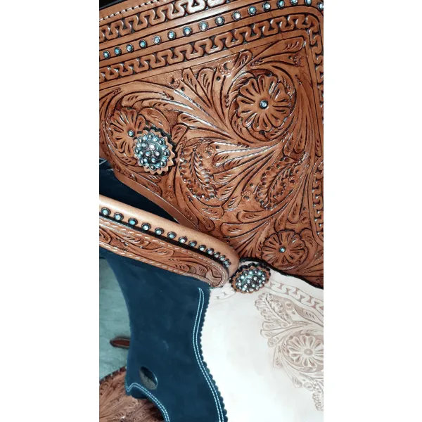 14", 15", 16" Double T Barrel style saddle with rainbow crystal rhinestones.