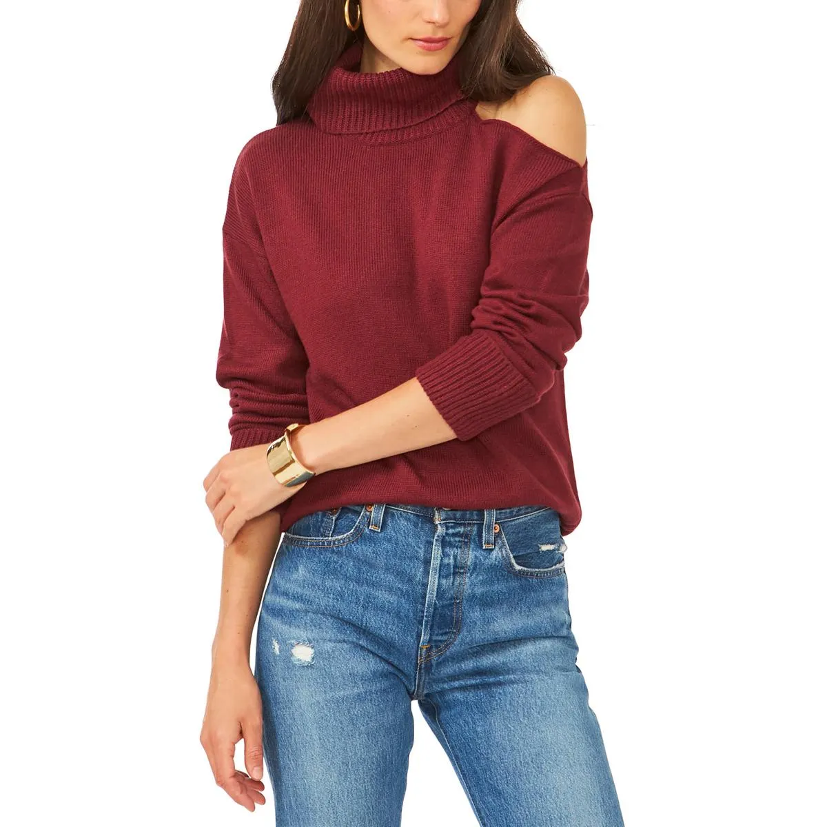 1.State Womens Cold Shoulder Long Sleeve Turtleneck Sweater