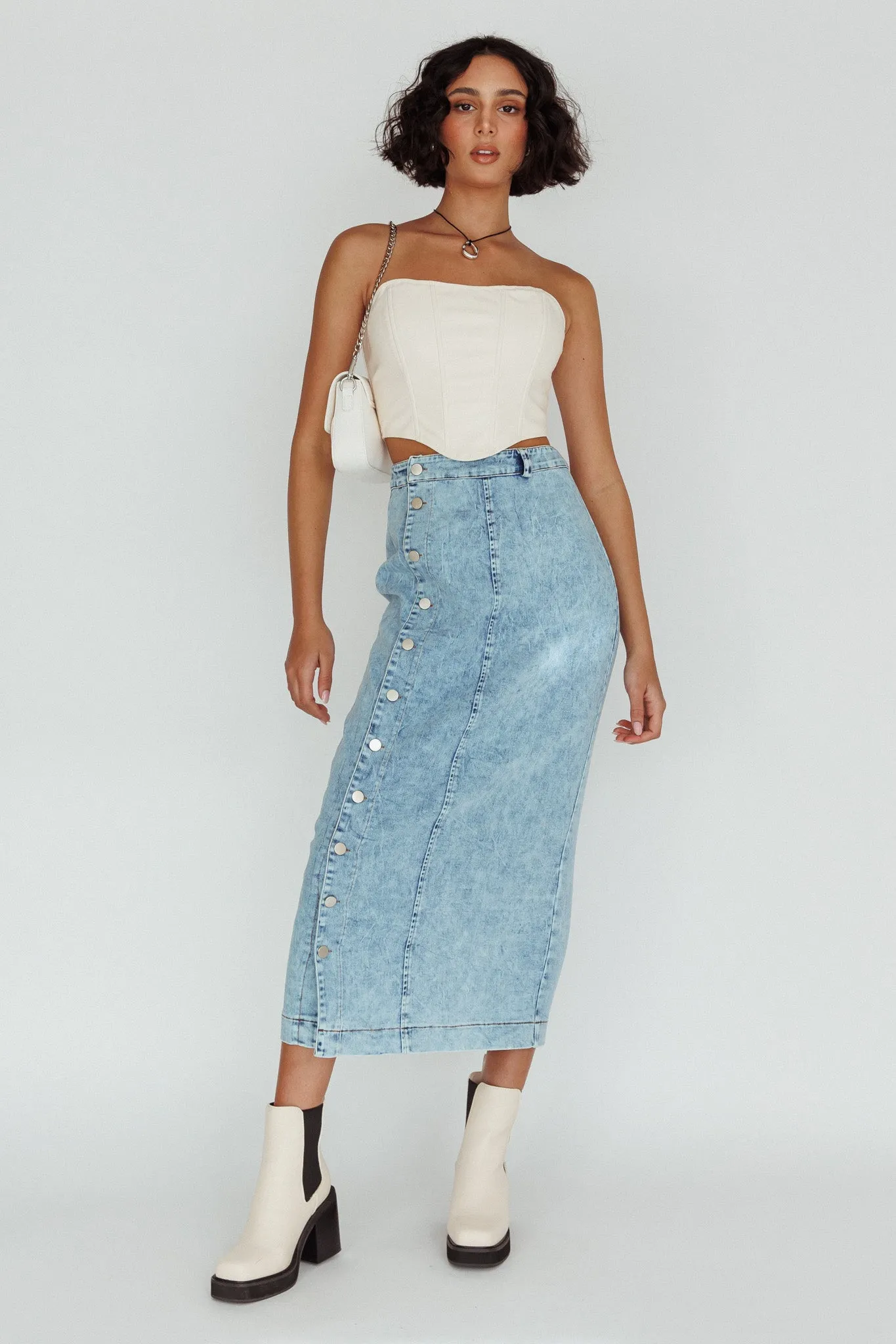 Angelica Side Button-Up Midi Skirt Denim