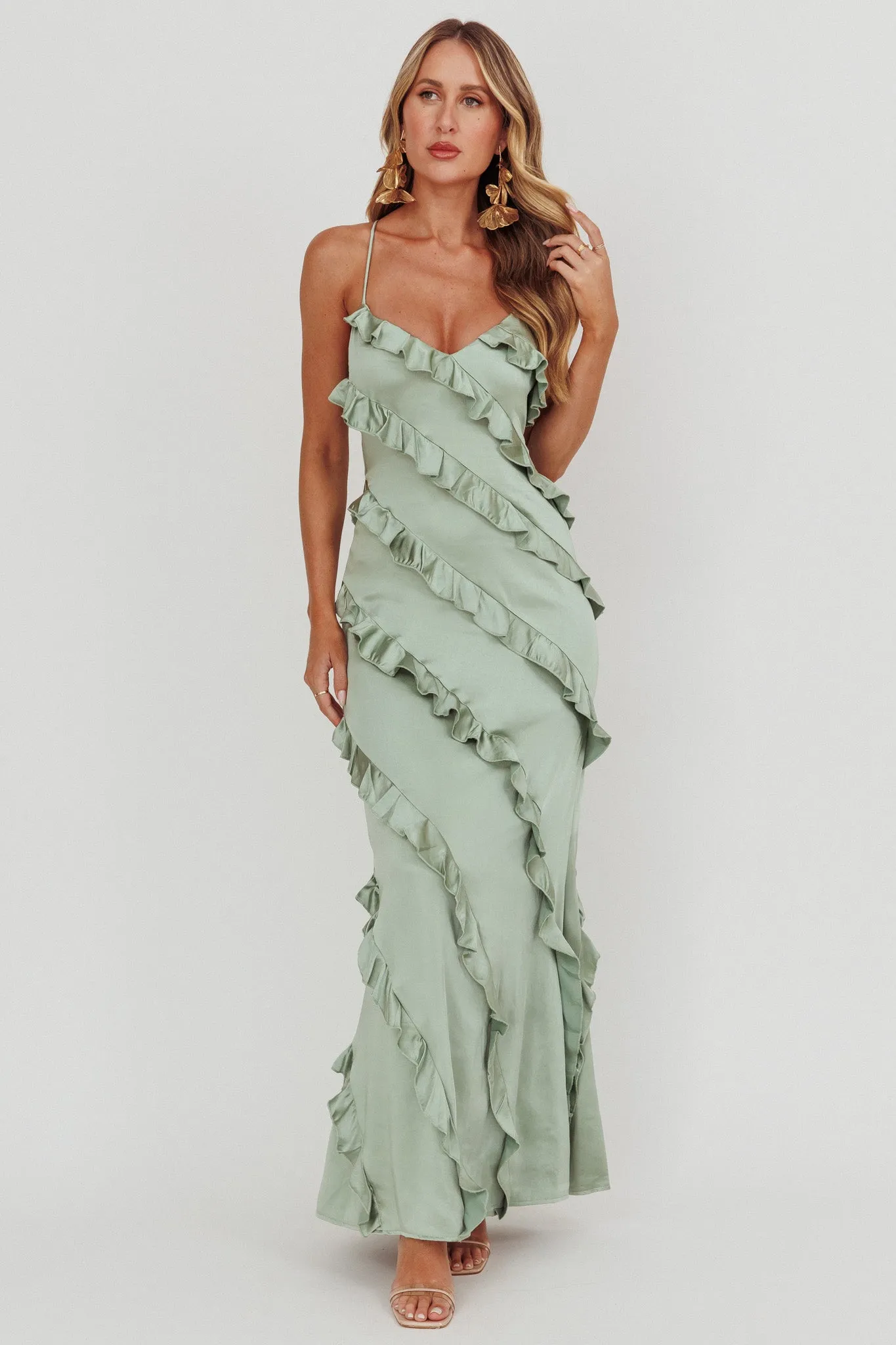 Arrabel Ruffle Trim Maxi Dress Sage