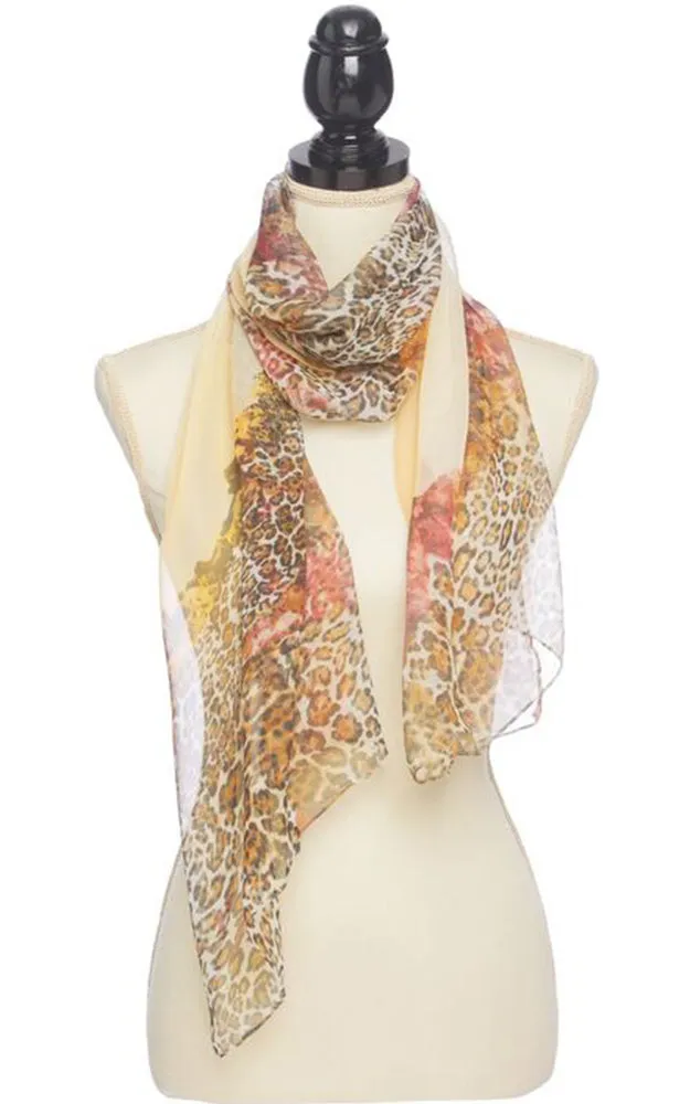 BASC4894 Ivory Beige Animal Print Silky Oblong Scarf