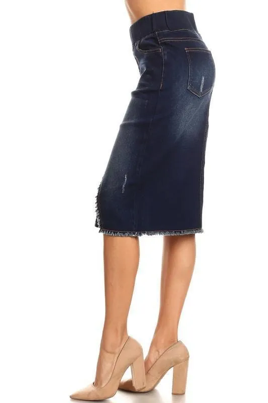 Becca Distressed Denim Skirt (Dk. Indigo)