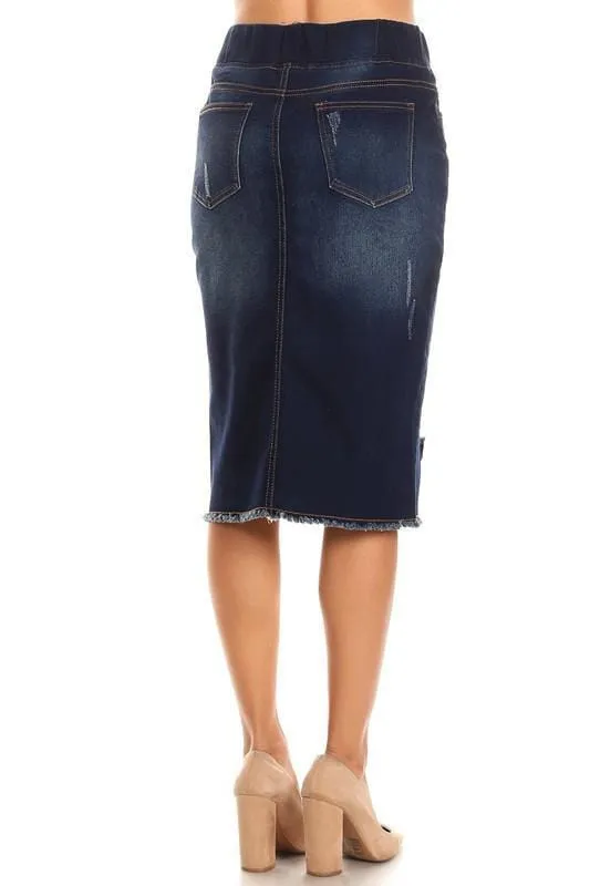 Becca Distressed Denim Skirt (Dk. Indigo)