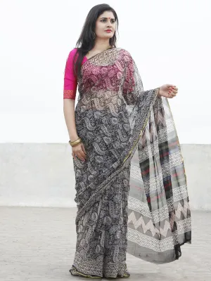 Beige Black Hand Block Printed Chiffon Saree With Zari Border- S031702569