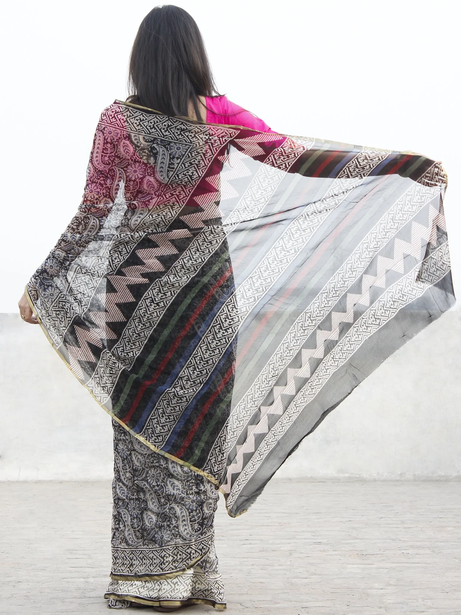 Beige Black Hand Block Printed Chiffon Saree With Zari Border- S031702569