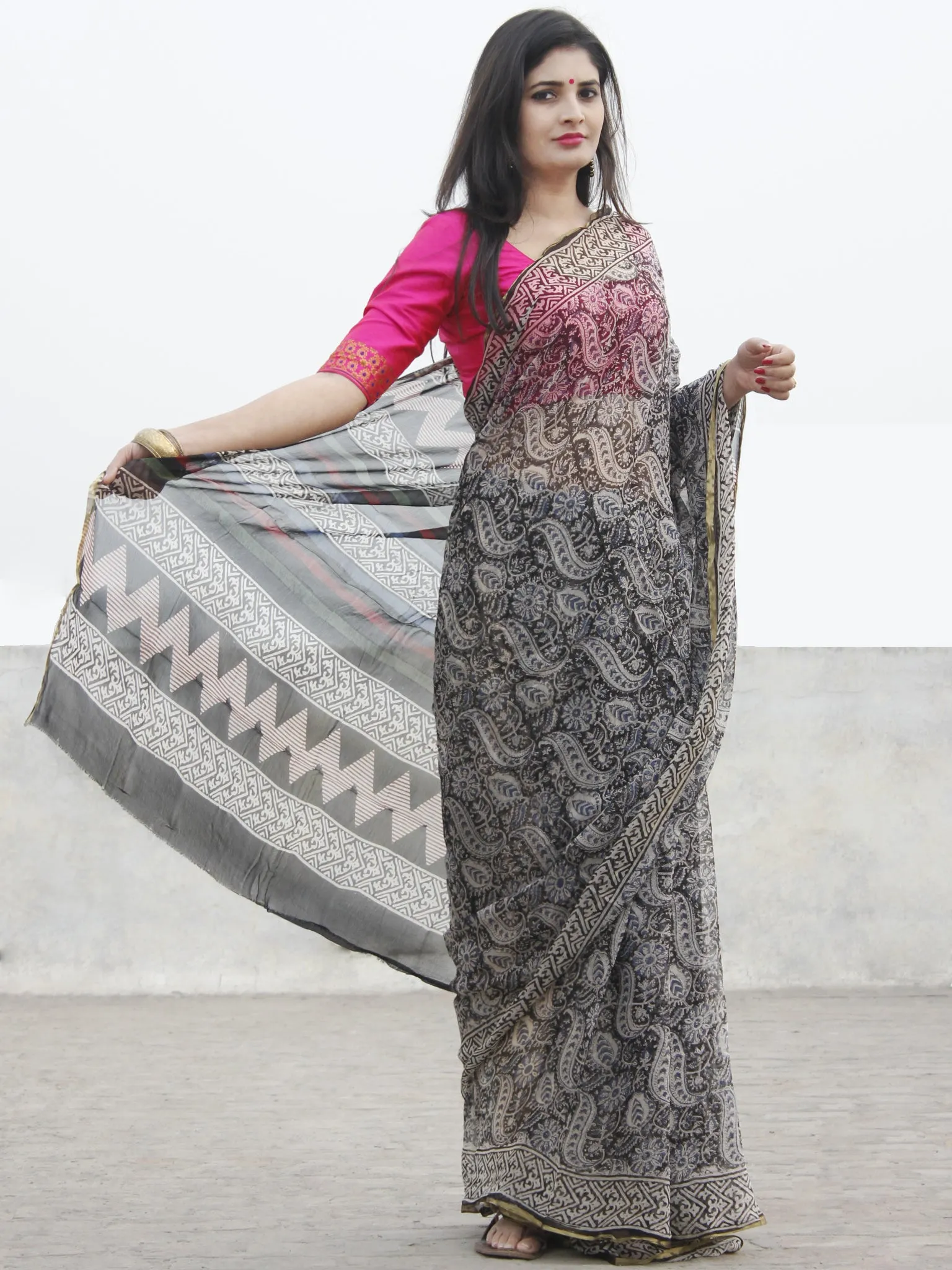 Beige Black Hand Block Printed Chiffon Saree With Zari Border- S031702569