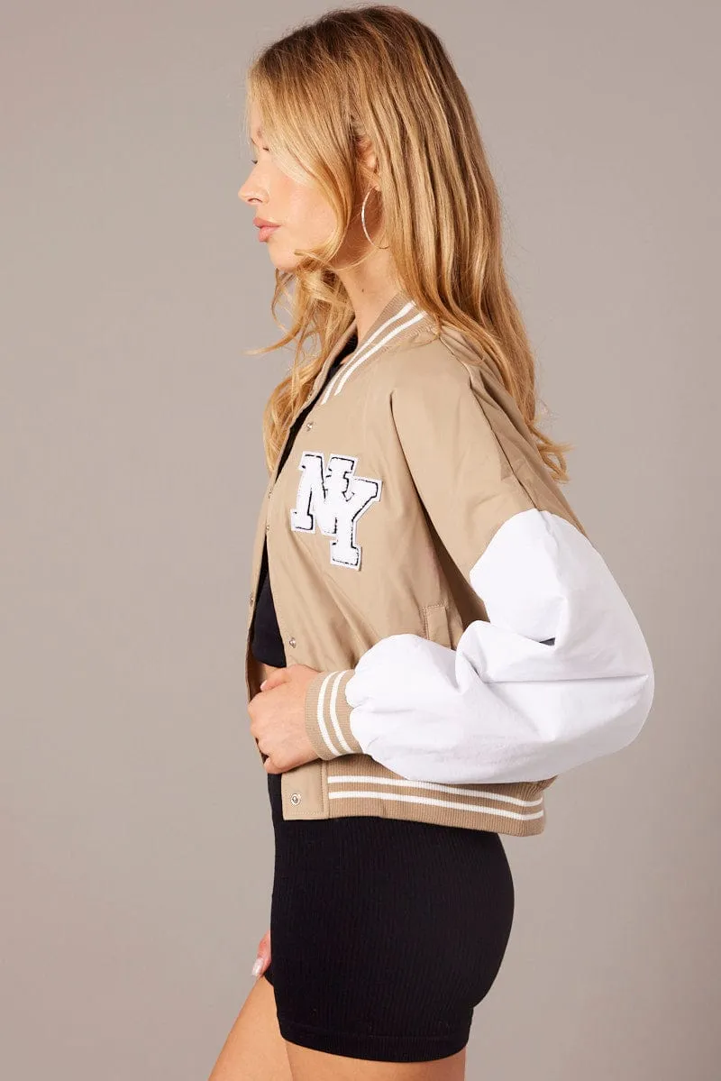 Beige Cropped Varsity Bomber Jacket