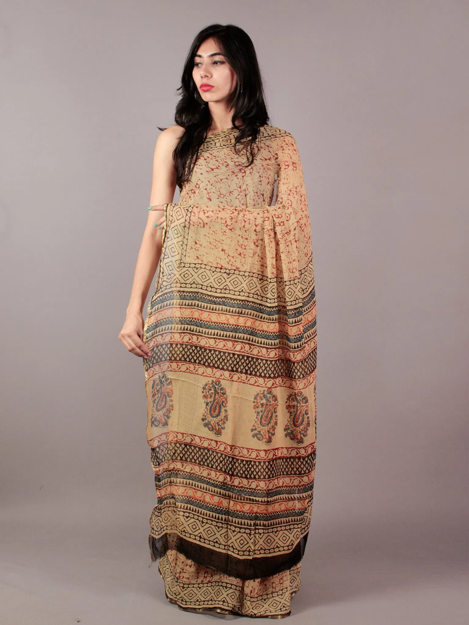 Beige Maroon Black Hand Block Printed Chiffon Saree - S031701843