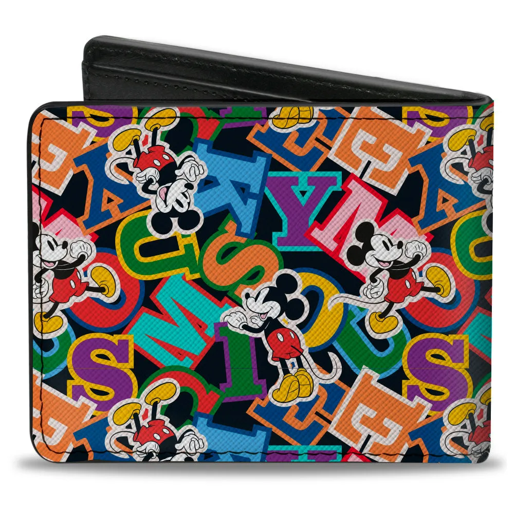 Bi-Fold Wallet - Mickey Mouse Poses and Letters Collage Black Multi Color