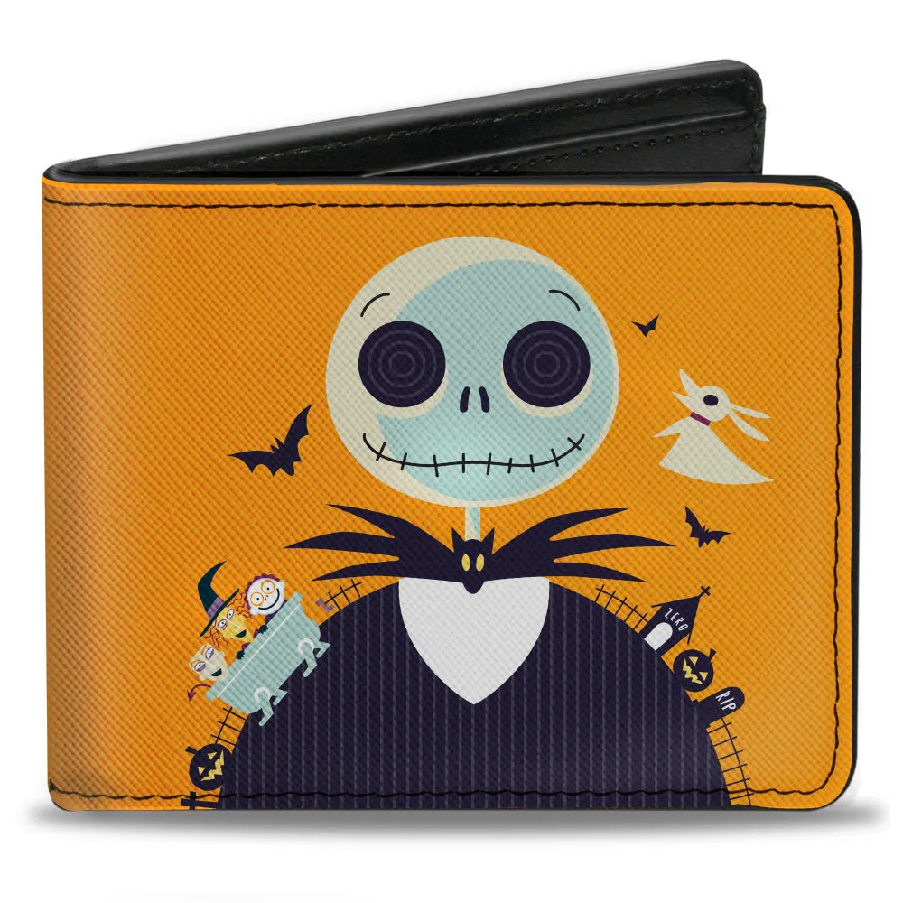 Bi-Fold Wallet - Nightmare Before Christmas Stylized Jack Cemetery Pose   Jack and Sally Spiral Hill Scene Ooogie Boogie Dice Pose Orange