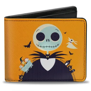 Bi-Fold Wallet - Nightmare Before Christmas Stylized Jack Cemetery Pose   Jack and Sally Spiral Hill Scene Ooogie Boogie Dice Pose Orange