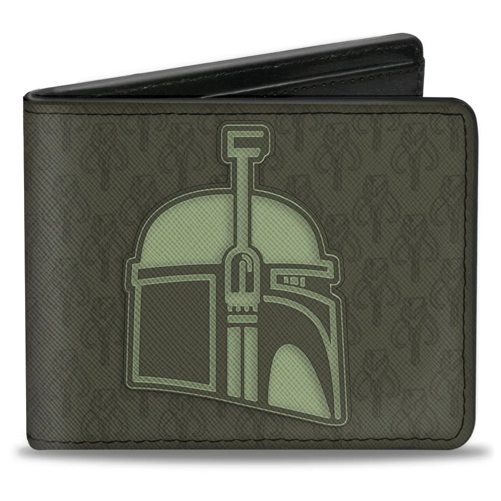 Bi-Fold Wallet - Star Wars Boba Fett Helmet   Mandalorian Crest Kyr'bes Skull Monogram Greens