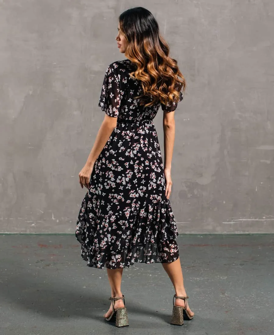 Black Floral Chiffon Tiered Midi Dress