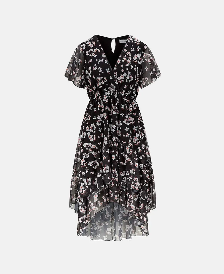 Black Floral Chiffon Tiered Midi Dress