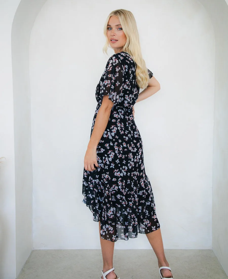 Black Floral Chiffon Tiered Midi Dress