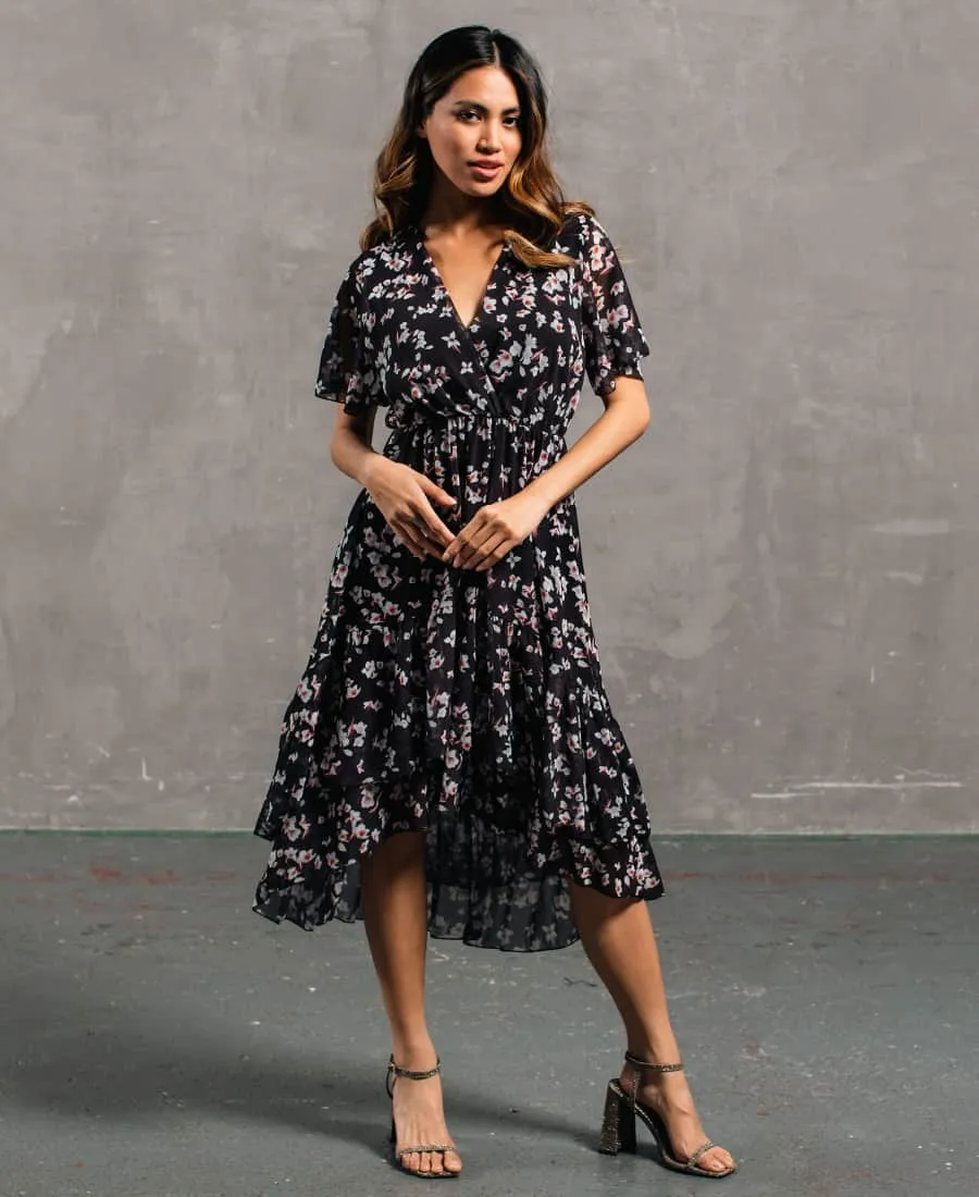 Black Floral Chiffon Tiered Midi Dress