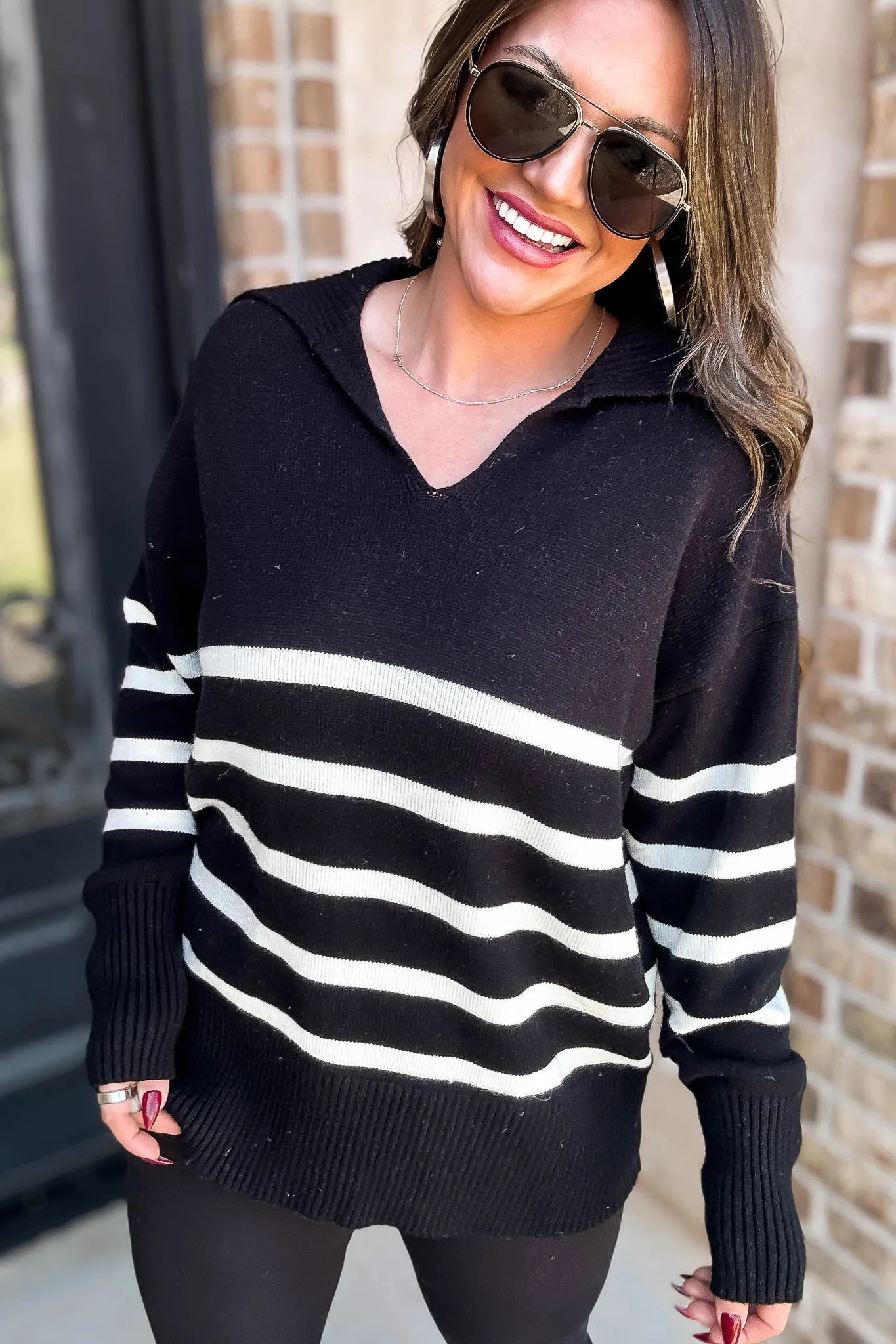 Black Striped Sailor Collar Neck Knit Sweater