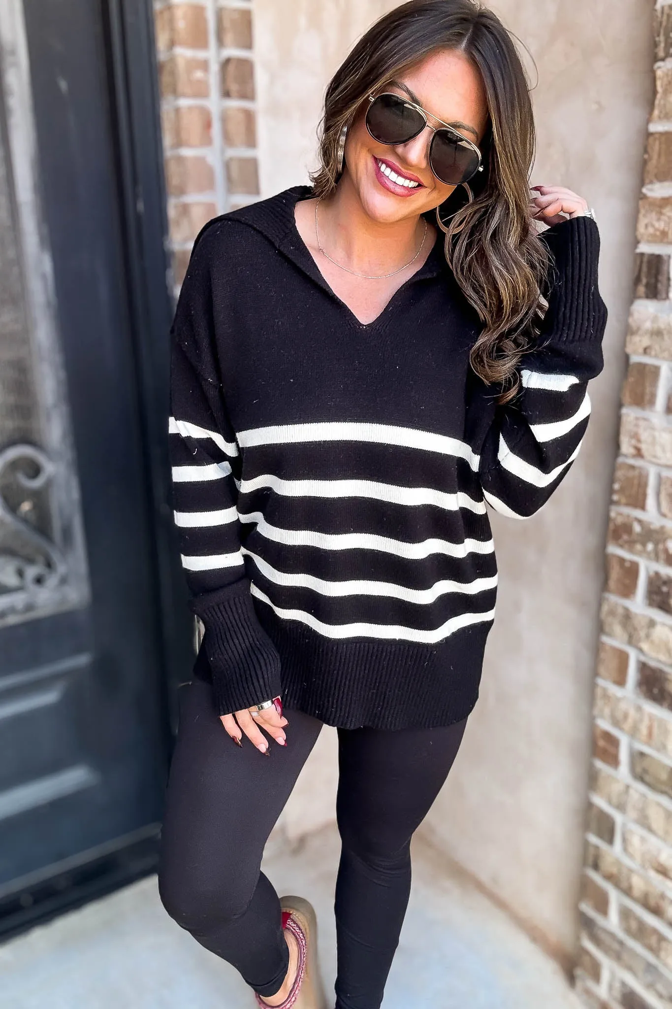 Black Striped Sailor Collar Neck Knit Sweater