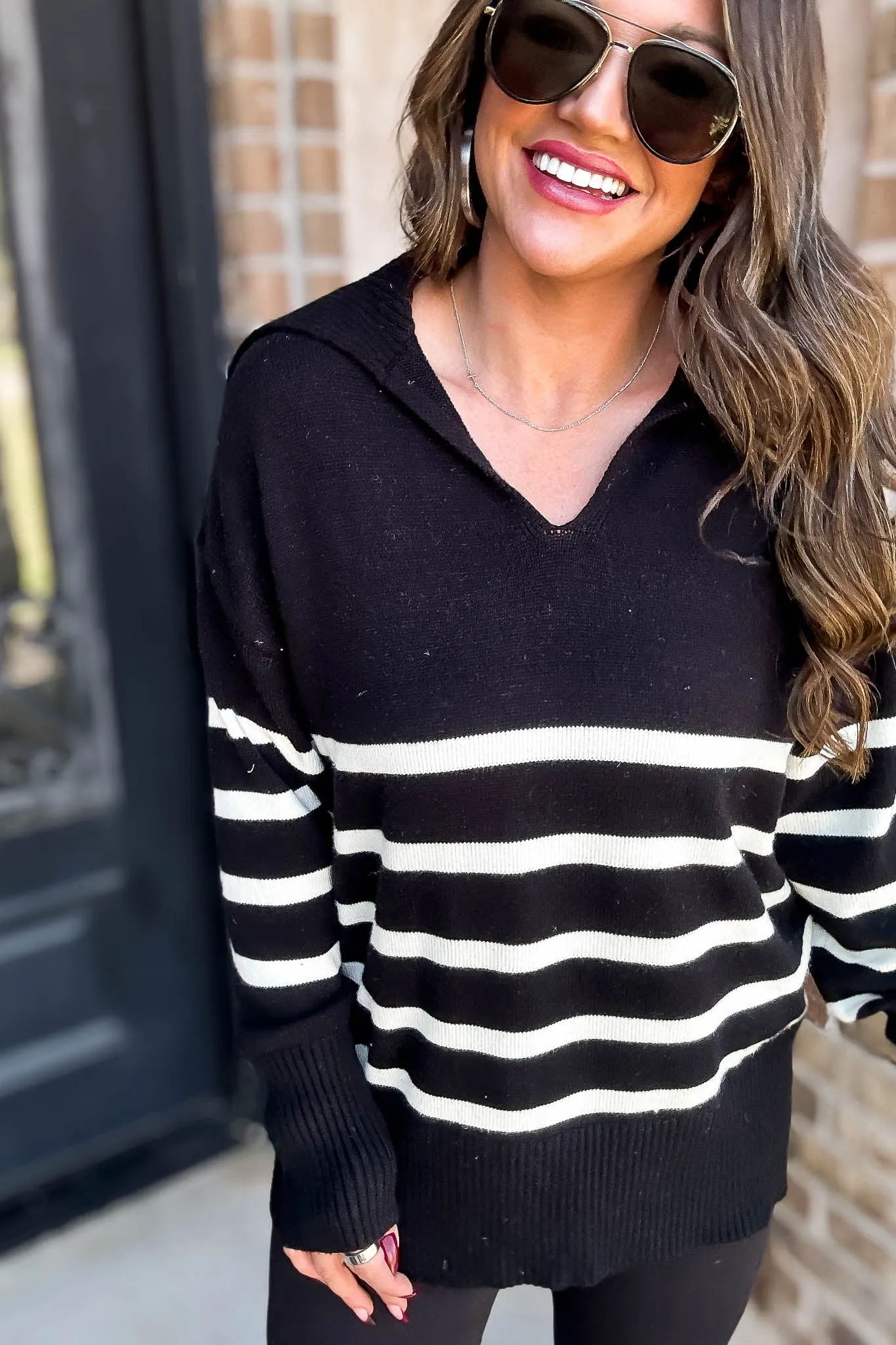 Black Striped Sailor Collar Neck Knit Sweater