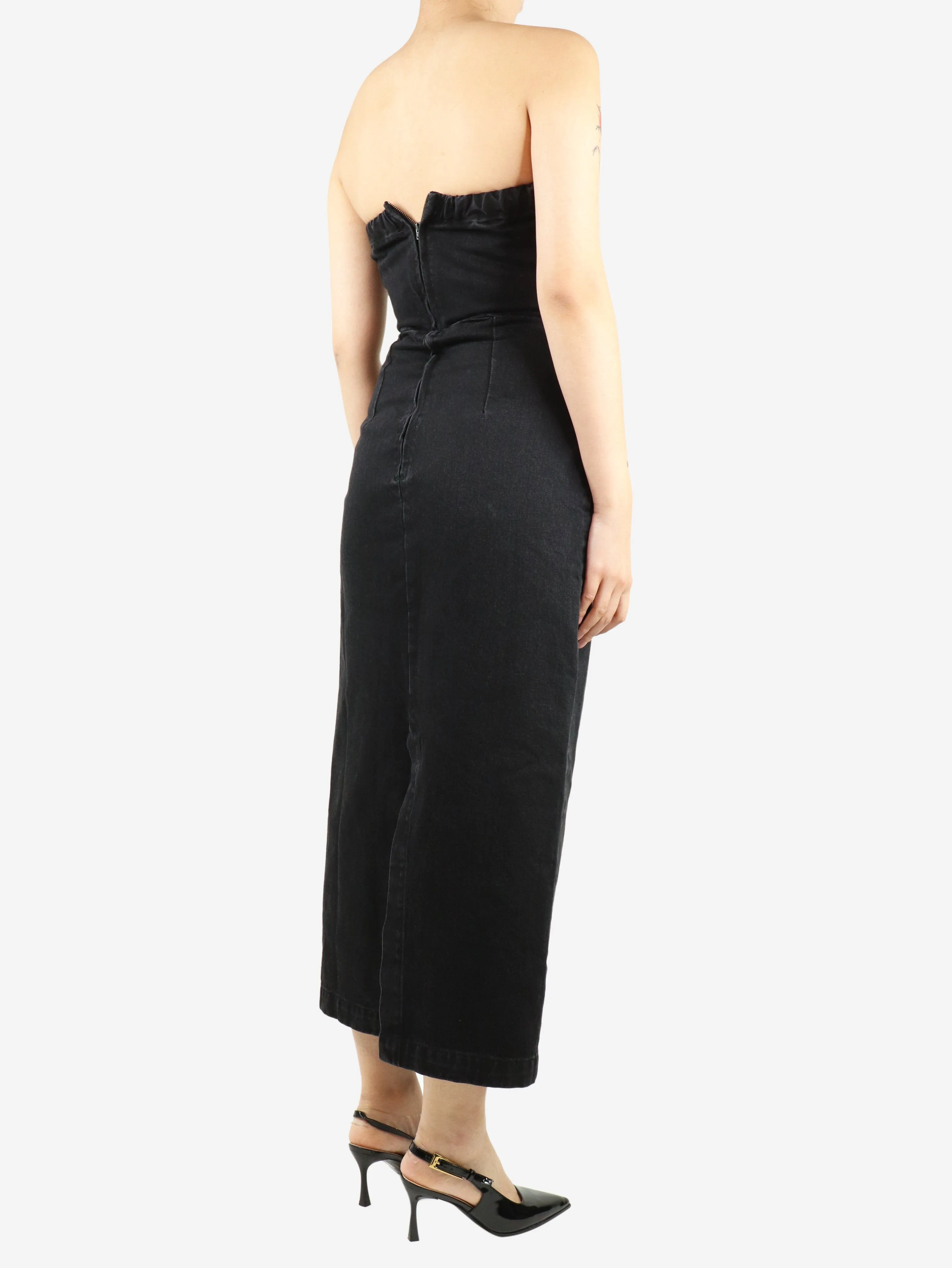 Black washed denim strapless midi dress - size UK 10