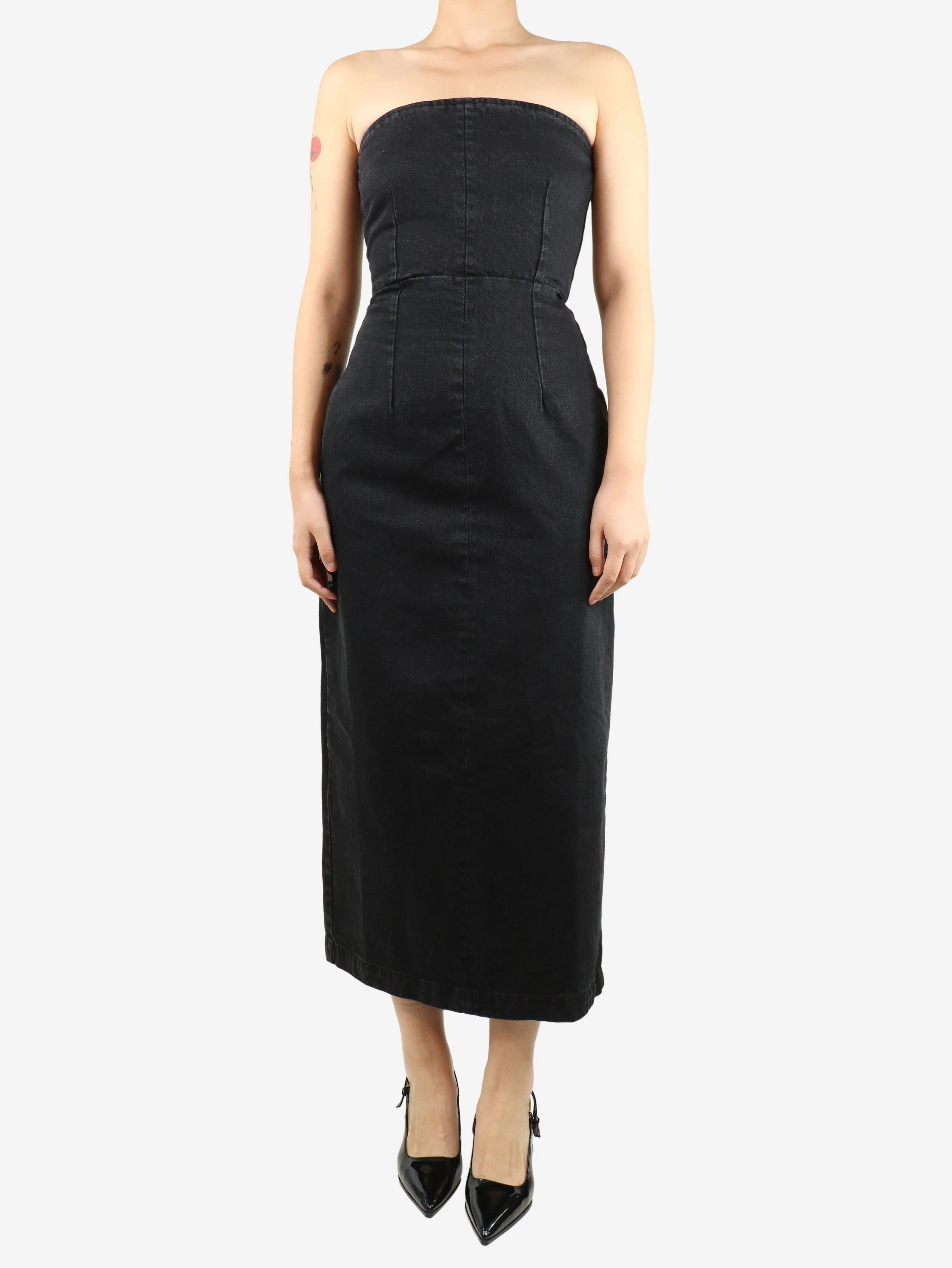 Black washed denim strapless midi dress - size UK 10