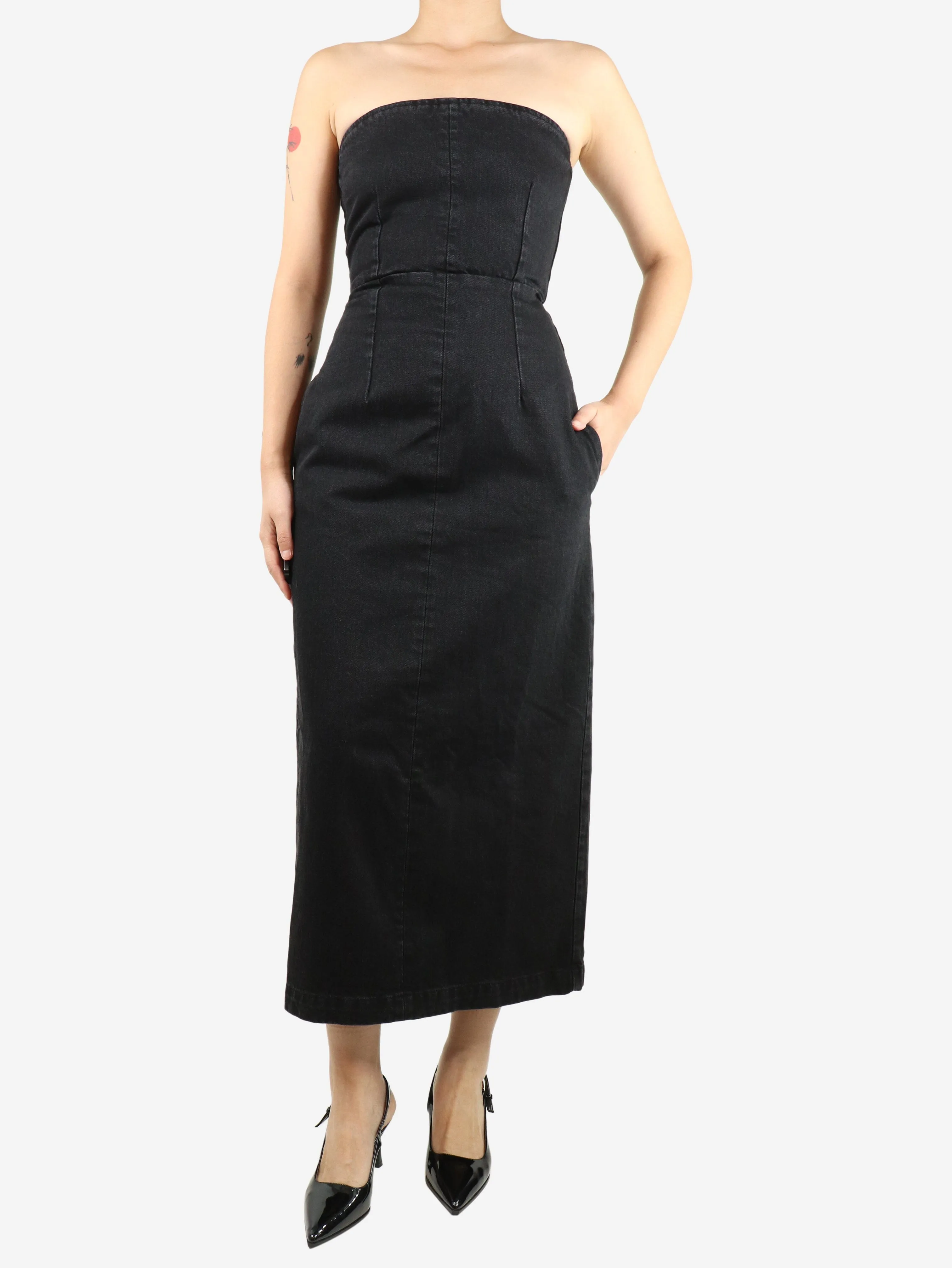 Black washed denim strapless midi dress - size UK 10