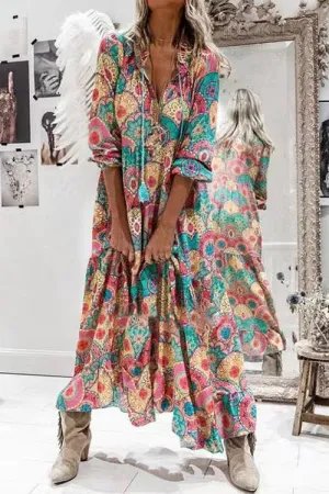 Boho Print Long Sleeve Maxi Dress