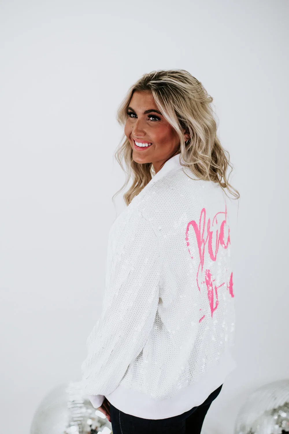 Bride Sequin Bomber Jacket, White