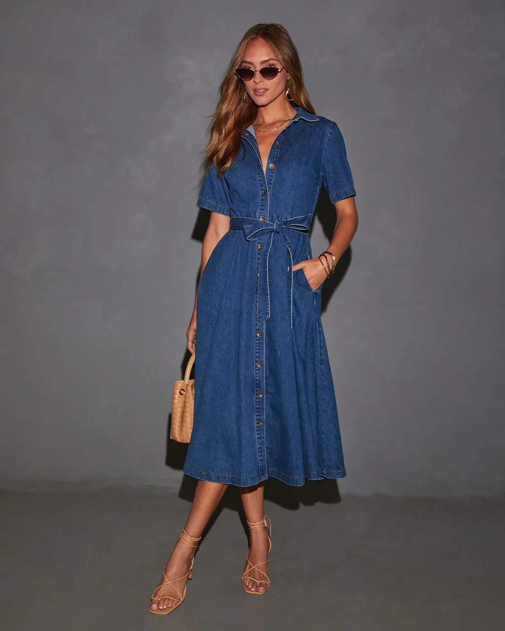 Caddie Denim Tie Waist Midi Dress