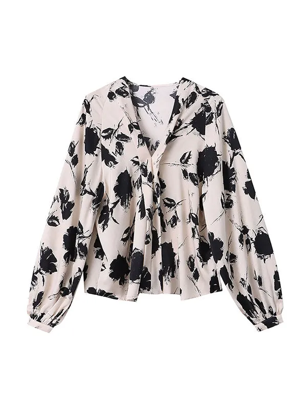 Casual Loose Puff Sleeves Printed V-Neck Blouses&Shirts Tops