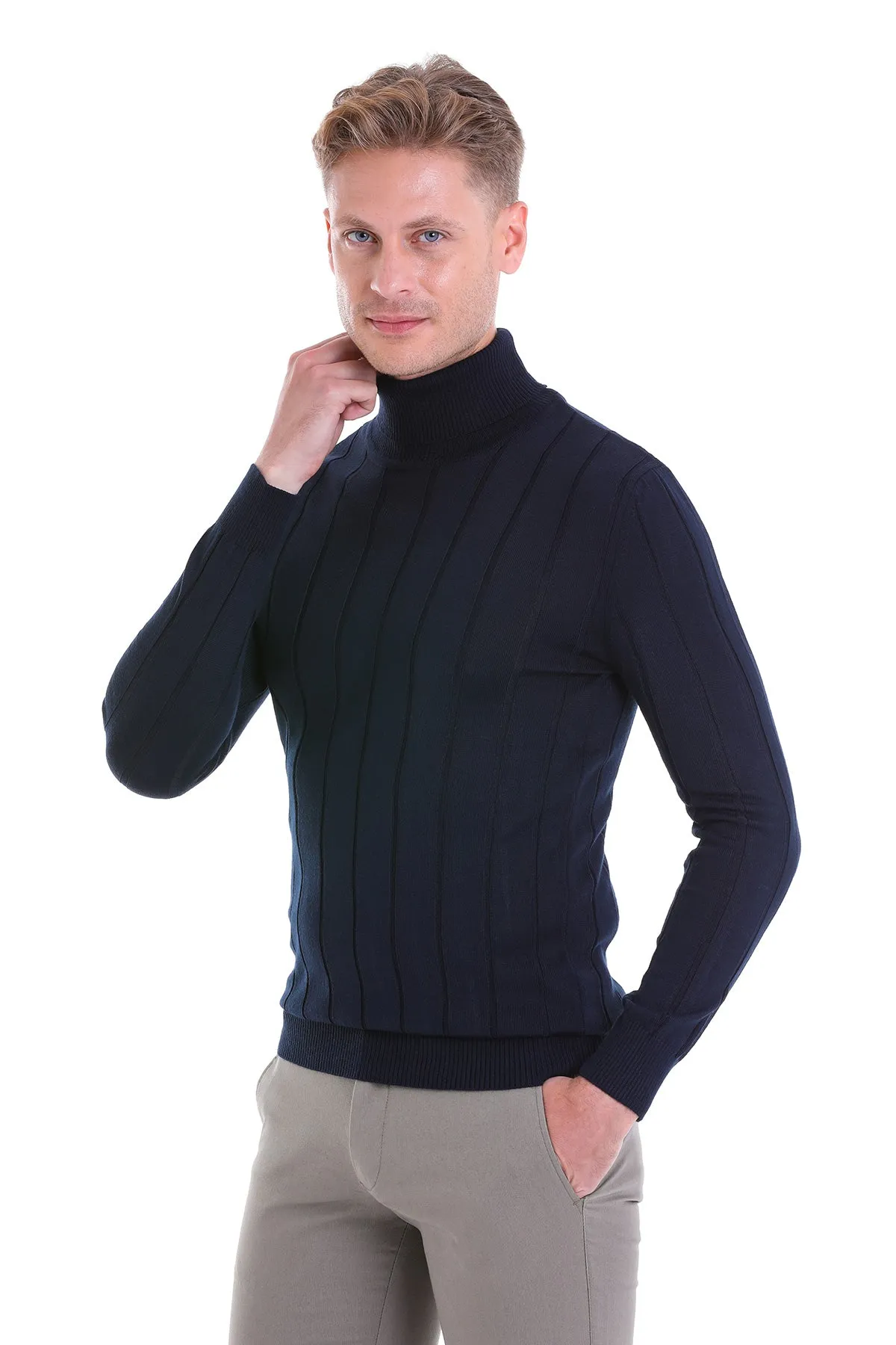 Comfort Fit Drop Needle Wool Blend Navy Turtleneck Sweater