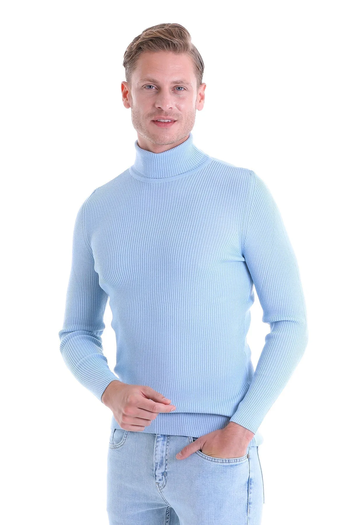 Comfort Fit Wool Blend Blue Turtleneck Sweater