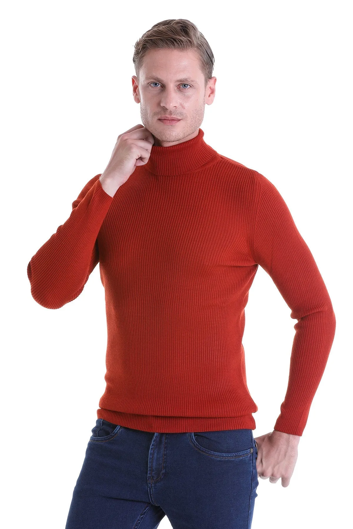 Comfort Fit Wool Blend Orange Turtleneck Sweater