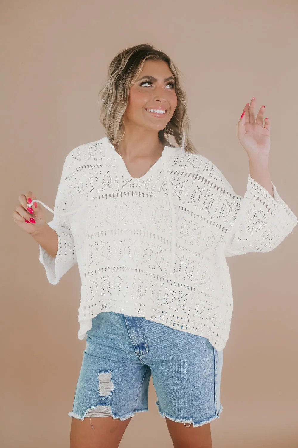 Cream 3/4 Sleeve Lightweight Sweater