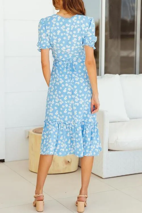 Daisy Print Ruffles Wrap Dress