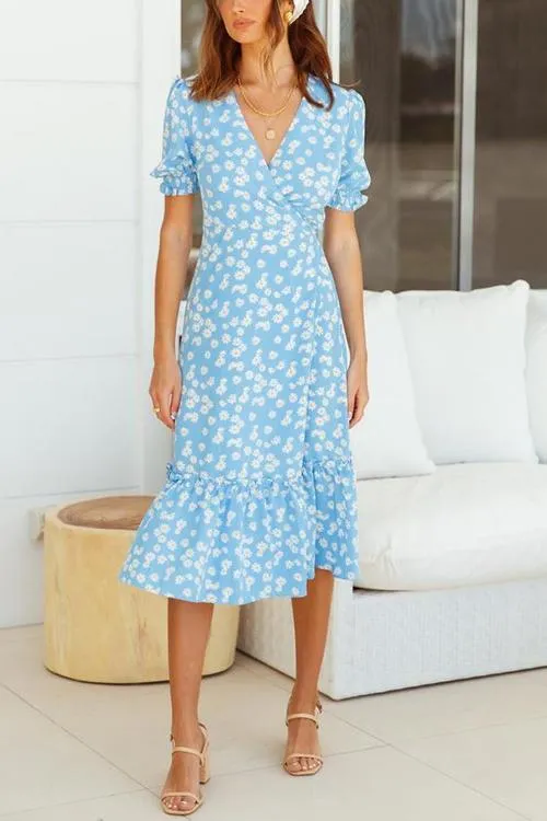 Daisy Print Ruffles Wrap Dress