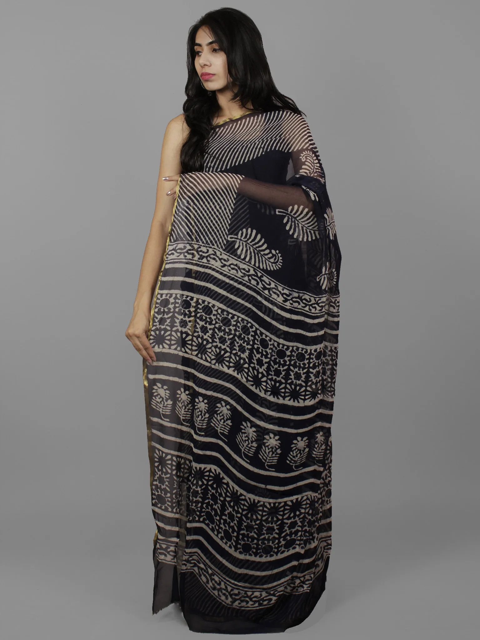 Dark Indigo Ivory Hand Block Printed Chiffon Saree - S031702106