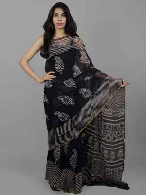 Dark Indigo Ivory Hand Block Printed Chiffon Saree - S031702106