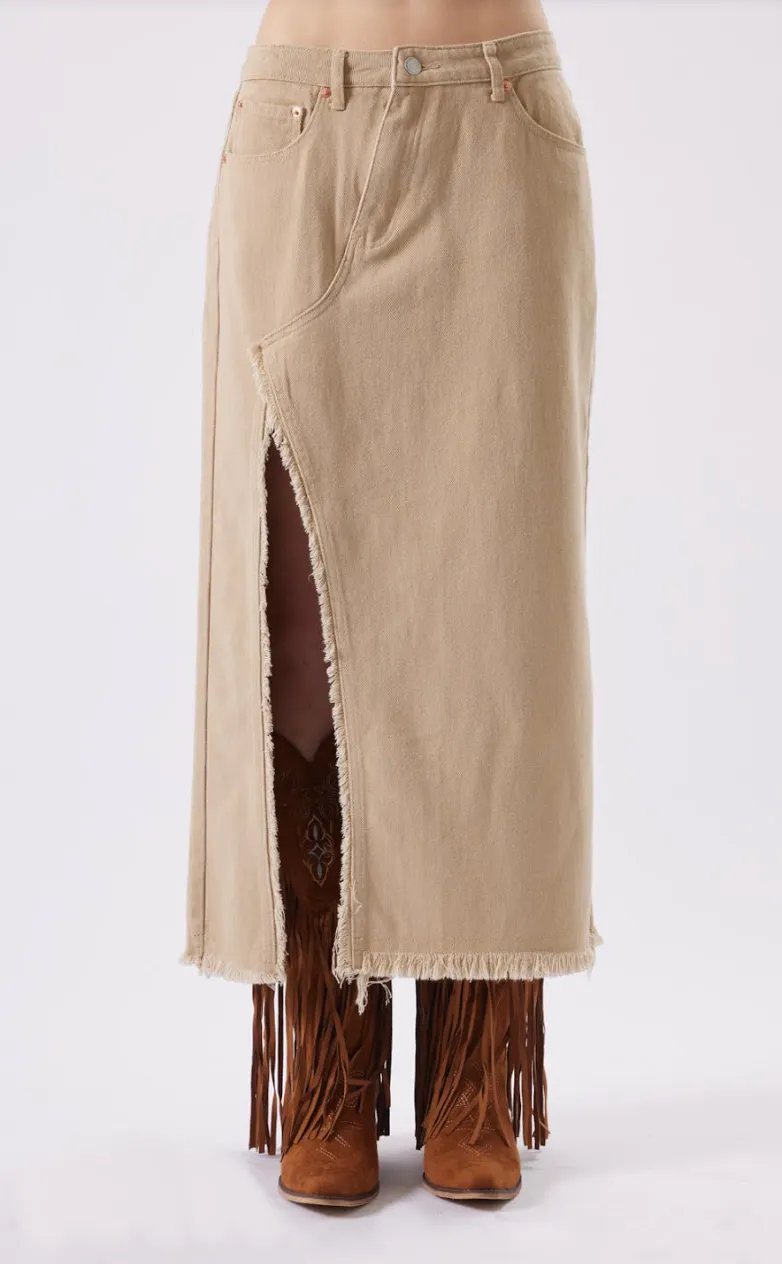 Darsie Denim Midi Slit Skirt Khaki