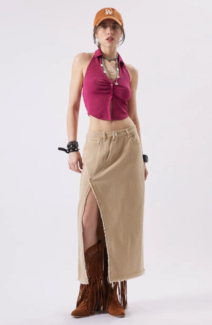 Darsie Denim Midi Slit Skirt Khaki