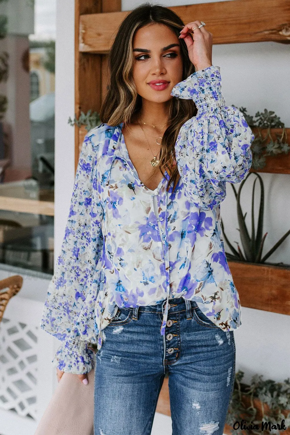 Deanwangkt - Blue Floral Smocked Blouse Cakewalk